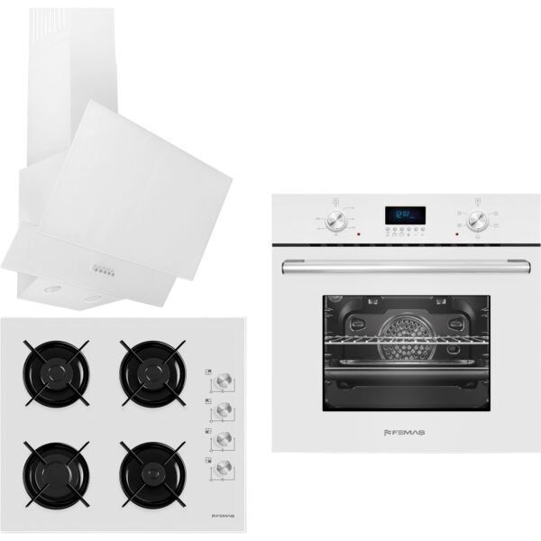 Femaş Beyaz Inci 3'lü Ankastre Set ( 5001 Multifonksiyon Beyaz Fırın + 3140 Ce Beyaz Cam Ocak+ Fd 102 Yatay Beyaz Cam Davlumbaz)