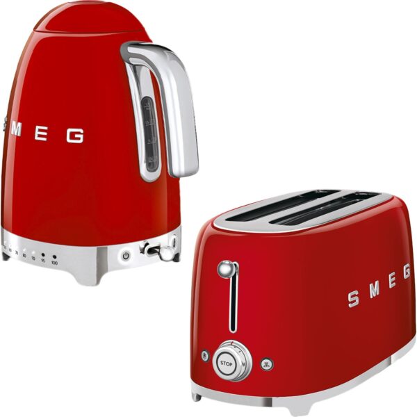 Smeg Kırmızı Isı Ayarlı Kettle ve 2x4 Ekmek Kızartma Makinesi Seti