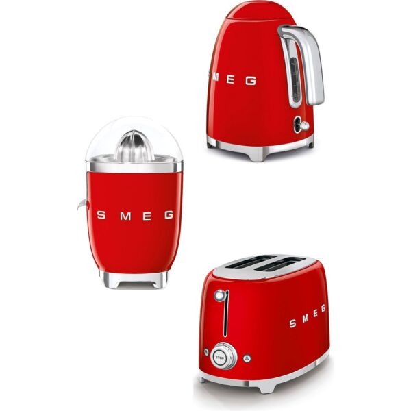 Smeg 50's Style Kırmızı Kettle - 1x2 Ekmek Kızartma Makinesi ve Narenciye Sıkacağı Seti Klf-Tsf-Cjf