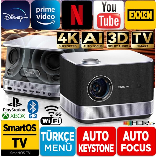Vankyo Aurzen Boom 3 4K Android Projeksiyon Cihazı + Auto Focus + Auto Keystone + 6g Wifi + 5.2 Bluetooth +300 Inç Yansıtma + 36W Hifi Dolby Ses Sistemi