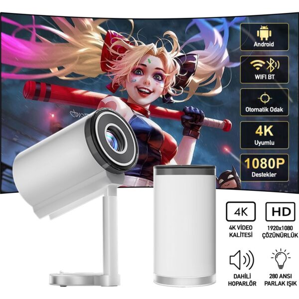 Robeve Robeve Taşınabilir Ayarlanabilir Projeksiyon Projektör Cihazı 4K Görüntü Projeksiyon Portatif Projektör 1080P Destekli Projeksiyon Smart Versiyon Akıllı Projeksiyon Cihazı